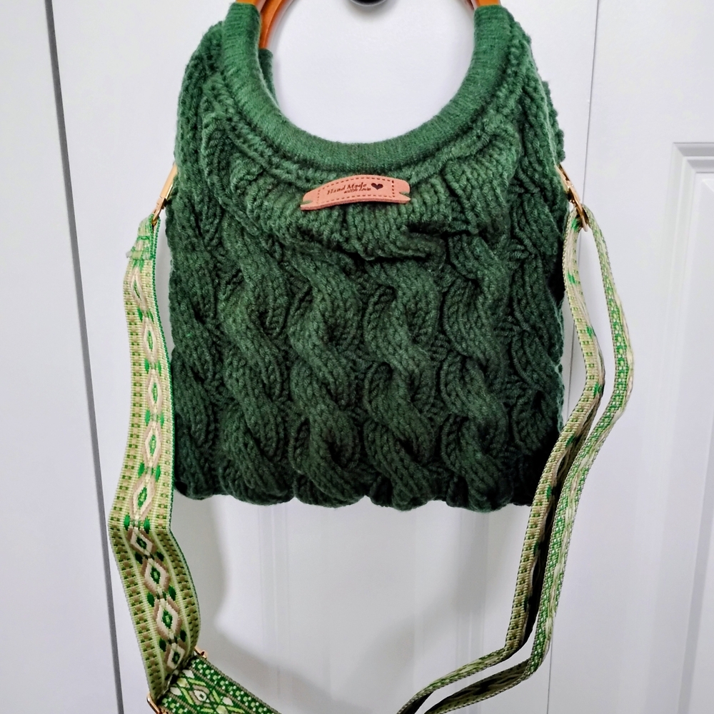 Green Knit Tote Bag with Wooden Handles Handmade